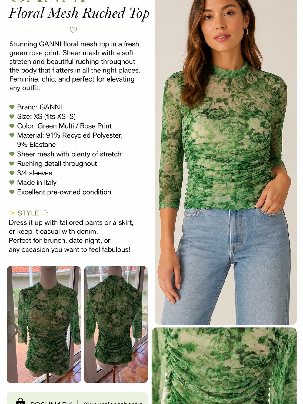 Ganni Green Floral Mesh Ruched Top